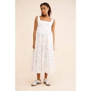 White Floral Square-Neck Midi Dress